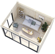 Vue intérieure d'une maison de jardin en bois avec des meubles, dont un canapé, une table et une étagère