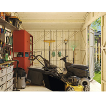 Abri de jardin spacieux avec tondeuse à gazon, outils de jardin et systèmes de rangement