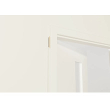 Détail d'un chambranle de porte blanc avec un vantail de porte en arrière-plan