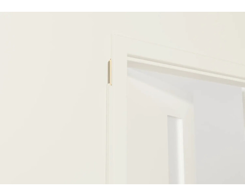 Détail d'un chambranle de porte blanc avec un vantail de porte en arrière-plan