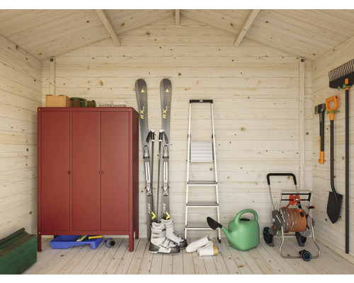 Intérieur d'une cabane de jardin en bois avec armoire métallique, échelle, skis et outils de jardin.