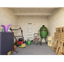 Geräumiger Geräteschuppen mit Gartengeräten, Grill, Leiter und Gartenmöbeln.