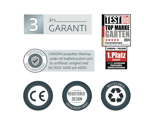 Symboles pour trois ans de garantie, prix Top Marke Garten 2024, certification ISO, marquage CE, modèle déposé et recyclage.