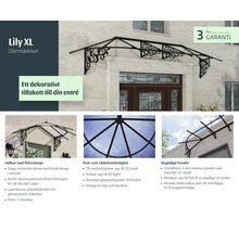 Auvent de porte Lily XL style rétro avec structure en aluminium noir et panneaux transparents au-dessus d'une porte, incluant trois ans de garantie.