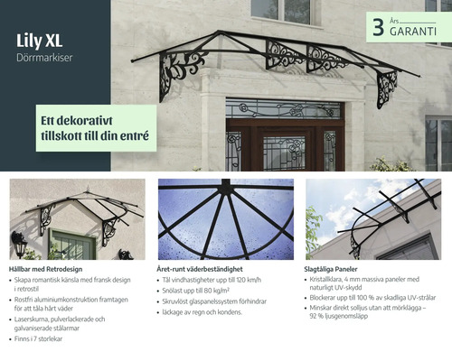 Auvent de porte Lily XL style rétro avec structure en aluminium noir et panneaux transparents au-dessus d'une porte, incluant trois ans de garantie.