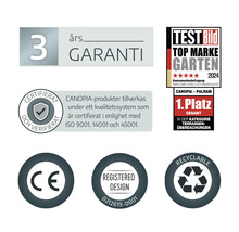 3 ans de garantie, Top Marke Garten 2024 première place pour abris de terrasse, certifié ISO, marquage CE, design déposé et recyclable.