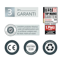 Garantie de 3 ans, Test Bild Top Marke Garten 2024, certifié ISO, marquage CE, design déposé et recyclable.