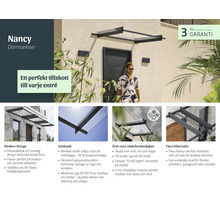 Infographie de l'auvent de porte Nancy avec design moderne, protection solaire, résistance aux intempéries et garantie de 3 ans.