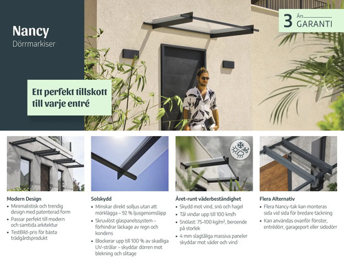Infographie de l'auvent de porte Nancy avec design moderne, protection solaire, résistance aux intempéries et garantie de 3 ans.