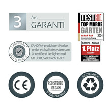Symboles pour trois ans de garantie, prix Top Marke Garten 2024, certification ISO, marquage CE, modèle déposé et recyclable.