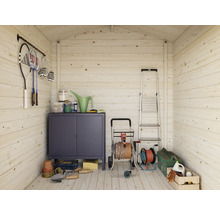 Vue intérieure d'une cabane de jardin avec des étagères, des outils, un tuyau d'arrosage et une échelle