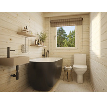 Helles Badezimmer mit Badewanne, Toilette und Waschbecken vor Holzwand