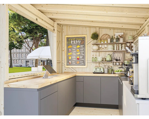 Vue intérieure d'un stand de restauration rapide avec comptoir, ustensiles de cuisine et carte