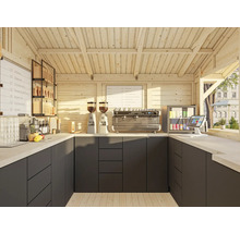 Vue intérieure d'un café en bois clair avec équipement et menus