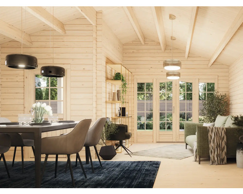 Wohnzimmer mit Holzwänden, Esstisch, Stühlen, Sofa und Beleuchtung für ein helles und geräumiges Ambiente.