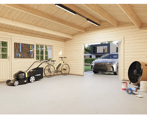 Helle Garage aus Holz mit Rasenmäher, Fahrrad und Auto