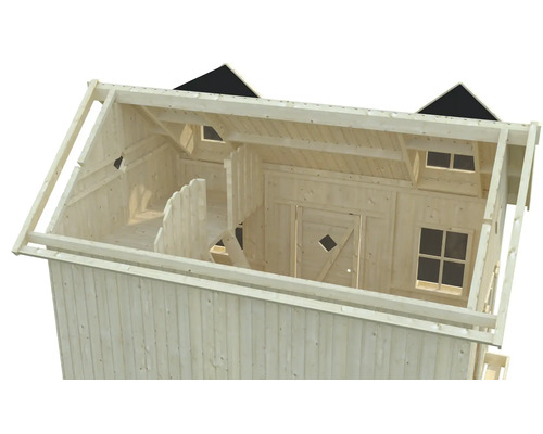 Vue intérieure d'une maison en bois avec fenêtres et porte