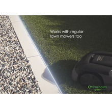 Scène avec gazon synthétique, gravier et robot tondeuse à gazon