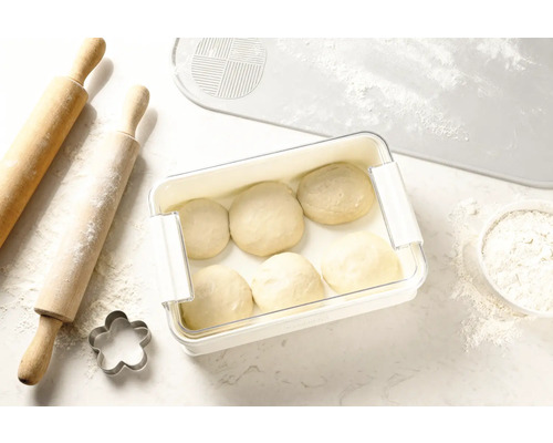 Teig in Frischhaltedose neben Nudelholz, Ausstechform und Teigunterlage
