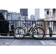 Vélo électrique devant un paysage urbain