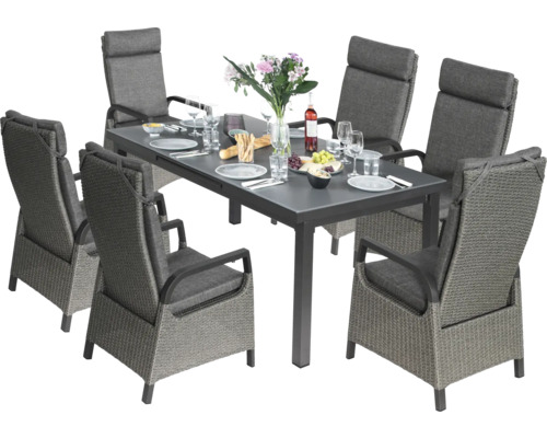 Gartensitzgruppe mit Esstisch und sechs Stühlen aus Polyrattan