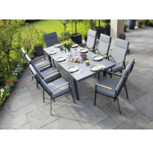 Groupe de salle à manger avec huit chaises sur une terrasse avec décoration de jardin