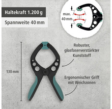 Federzwinge aus glasfaserverstärktem Kunststoff mit ergonomischem Griff und einer Spannweite von 40 Millimeter