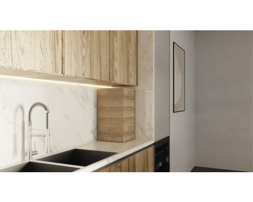 Moderne Küche mit Spüle, Wasserhahn, Arbeitsplatte und Holzschrank