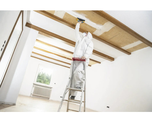 Artisan sur une échelle effectuant des travaux de rénovation sur un plafond dans une pièce lumineuse.