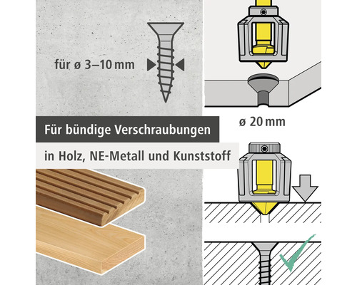 Illustration de vis à tête fraisée pour bois, métaux non ferreux et plastique d'un diamètre de 3 à 10 millimètres et 20 millimètres