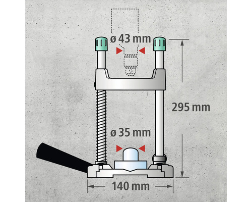 Technische Zeichnung einer Bohrmaschine mit Maßangaben.