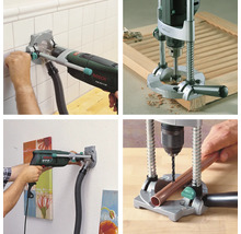 Mehrfachansicht einer Bohrmaschine mit Bohrstaubabsaugung und Bohrständern im Einsatz.