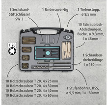 Wolfcraft Undercover Jig Set mit Schrauben, Tiefenanschlag, Holzschrauben, Stufenbohrer, Schraubendreherklinge und Sechskantstiftschlüssel in Aufbewahrungskoffer