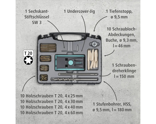 Wolfcraft Undercover Jig Set mit Schrauben, Tiefenanschlag, Holzschrauben, Stufenbohrer, Schraubendreherklinge und Sechskantstiftschlüssel in Aufbewahrungskoffer