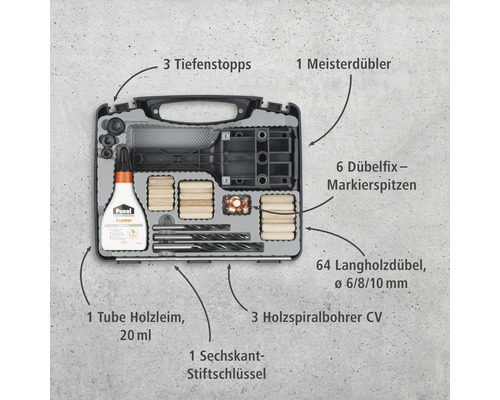 Dübel-Set mit Holzdübeln, Holzleim, Tiefenstopps, Holzbohrern, Dübelfix Markierspitzen und Sechskant-Stiftschlüssel im Koffer