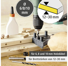 Holzbohrer im Einsatz mit Dübeln, Leim und Bohrer