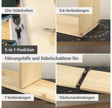 Führungshilfe und Dübelschablone für Dübelreihen, Eckverbindungen, T-Verbindungen und Flächenverbindungen.