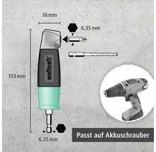 Wolfcraft Logo Winkelkopf mit Maßangaben und Darstellung passend für Akkubohrschrauber