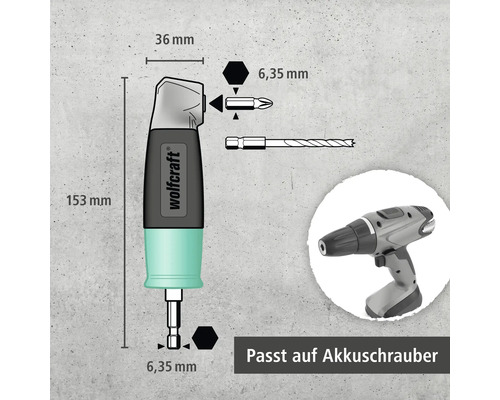 Wolfcraft Logo Winkelkopf mit Maßangaben und Darstellung passend für Akkubohrschrauber