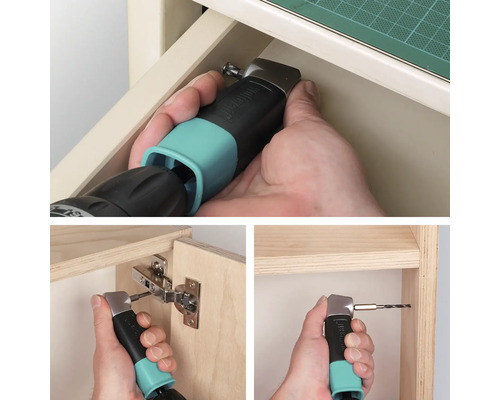 Anwendung des Wolfcraft Biegaufsatzes mit Bohrer und Schrauber