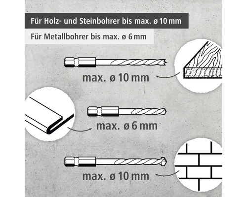 Illustration von Holz-, Metall- und Steinbohrern mit maximalen Durchmessern