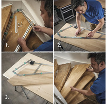 Mehrteiliges Bild zur Verwendung einer Treppenschablone zum Zuschneiden von Holzstufen