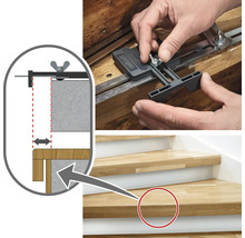 Anwendung einer Treppenwinkel-Montagelehre von Wolfcraft auf einer Holztreppe