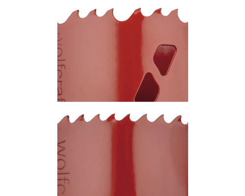 Gros plan d'une scie cloche avec des dents et des évidements.