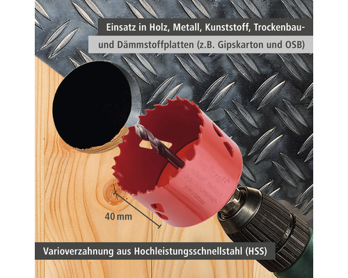 Lochsäge mit Bohreraufsatz für Holz-, Metall- und Kunststoffanwendungen