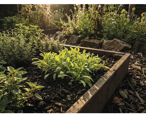 Jardinière surélevée avec diverses herbes et plantes dans le jardin