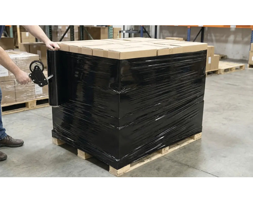 Eine Palette mit Kartons, verpackt in schwarzer Stretchfolie, wird von einer Person mit einem Handabroller gesichert.