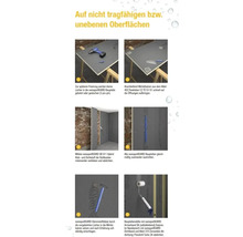 Instructions pour la pose de swissporBOARD sur des surfaces irrégulières avec perceuse, colle flexible, colle et mastic, cheville d'isolation, bande d'armature et bande d'étanchéité.