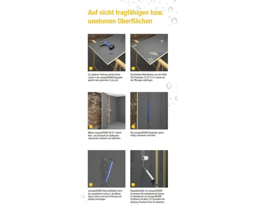Instructions pour la pose de swissporBOARD sur des surfaces irrégulières avec perceuse, colle flexible, colle et mastic, cheville d'isolation, bande d'armature et bande d'étanchéité.
