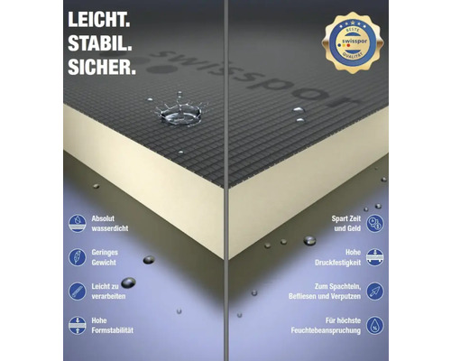 Panneau de construction Swisspor avec les caractéristiques du produit et le label de qualité Swisspor